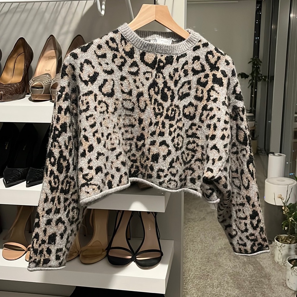 Cropped leopard print Zara sweater. Worn and washed once - too short on me!